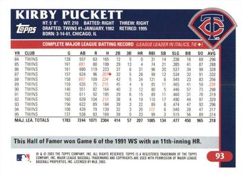 2003 Topps Retired Signature Edition #93 Kirby Puckett Back