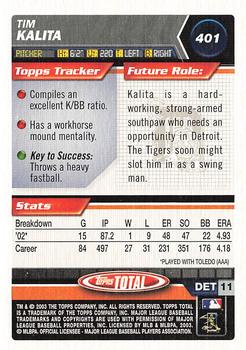 2003 Topps Total #401 Tim Kalita Back