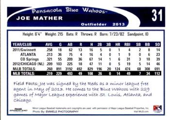 2013 Grandstand Pensacola Blue Wahoos #20 Joe Mather Back