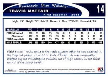 2013 Grandstand Pensacola Blue Wahoos #21 Travis Mattair Back