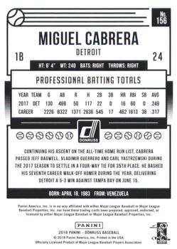 2018 Donruss #156 Miguel Cabrera Back