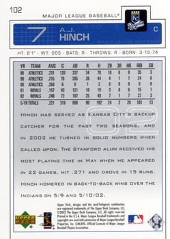 2003 Upper Deck #102 A.J. Hinch Back