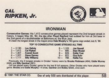 1991 Star All-Star #58 Cal Ripken Jr. Back