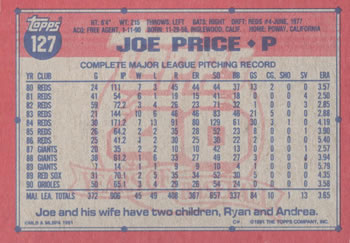 1991 Topps #127 Joe Price Back