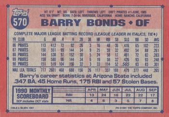 1991 Topps #570 Barry Bonds Back