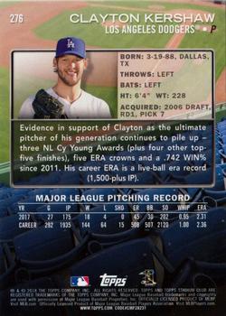 2018 Stadium Club #276 Clayton Kershaw Back