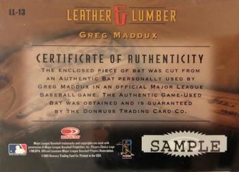 2003 Donruss Studio - Leather & Lumber Samples #LL-13 Greg Maddux Back