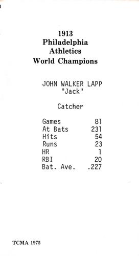 1975 TCMA 1913 Philadelphia Athletics #16 Jack Lapp Back