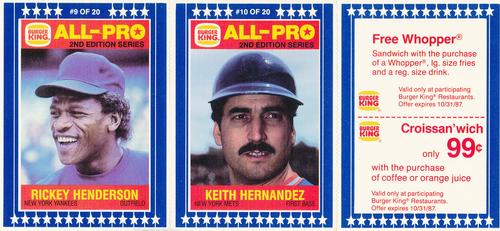 1987 Burger King All-Pro - Panels #9-10 Rickey Henderson / Keith Hernandez Front