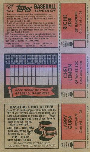 1981 Topps Scratch-Offs - Panels #16 / 34 / 51 Richie Zisk / Chet Lemon / Larry Gura Back