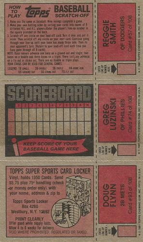 1981 Topps Scratch-Offs - Panels #57 / 74 / 93 Reggie Smith / Greg Luzinski / Doug Flynn Back