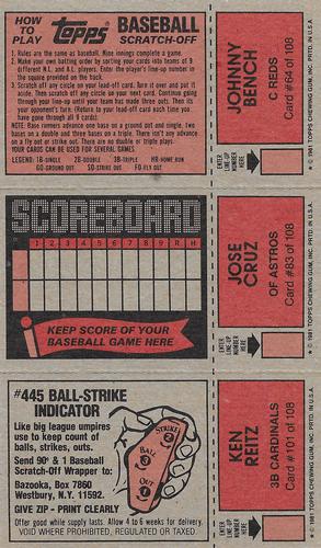 1981 Topps Scratch-Offs - Panels #64 / 83 / 101 Johnny Bench / Jose Cruz / Ken Reitz Back