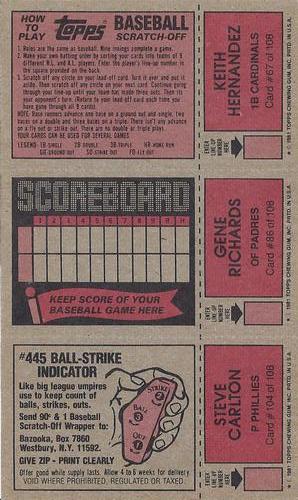 1981 Topps Scratch-Offs - Panels #67 / 86 / 104 Keith Hernandez / Gene Richards / Steve Carlton Back