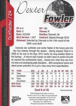 2010 MultiAd Colorado Springs Sky Sox #6 Dexter Fowler Back