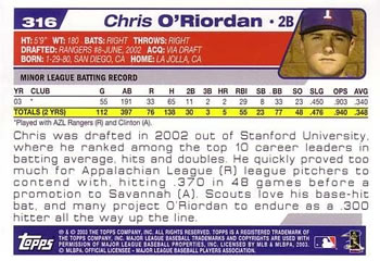 2004 Topps #316 Chris O'Riordan Back