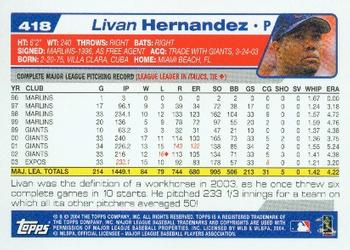 2004 Topps #418 Livan Hernandez Back