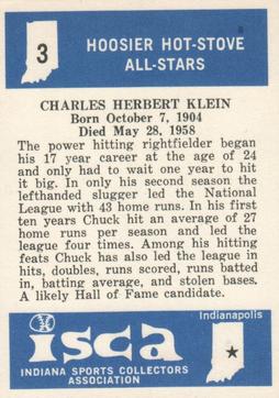 1976 ISCA Hoosier Hot-Stove All-Stars #3 Chuck Klein Back