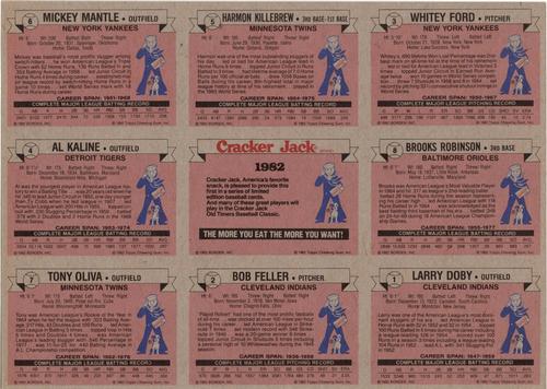 1982 Topps Cracker Jack - Panels #NNO American League (Larry Doby / Bob Feller / Whitey Ford / Al Kaline / Harmon Killebrew / Mickey Mantle / Tony Oliva / Brooks Robinson) Back