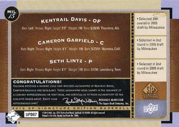 2012 SP Signature Edition - Triple Signatures #MIL-15 Kentrail Davis /  Cameron Garfield  / Seth Lintz Back