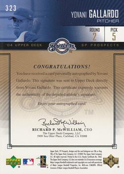 2004 SP Prospects - Gold #323 Yovani Gallardo Back