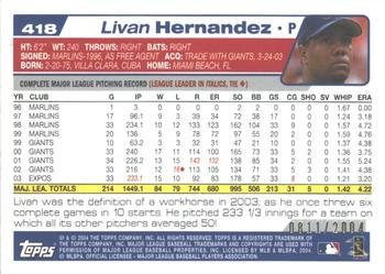 2004 Topps - Gold #418 Livan Hernandez Back