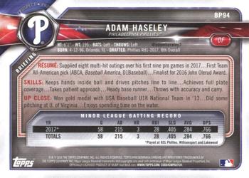 2018 Bowman - Prospects #BP94 Adam Haseley Back