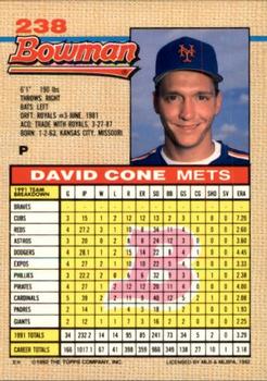 1992 Bowman #238 David Cone Back