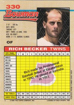1992 Bowman #330 Richie Becker Back