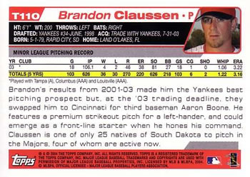 2004 Topps Traded & Rookies #T110 Brandon Claussen Back