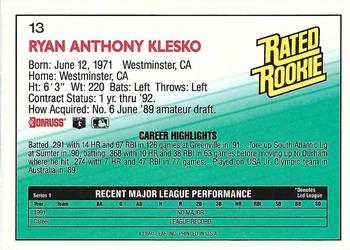 1992 Donruss #13 Ryan Klesko Back