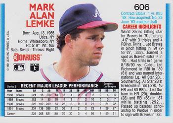1992 Donruss #606 Mark Lemke Back