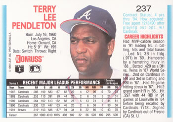 1992 Donruss #237 Terry Pendleton Back