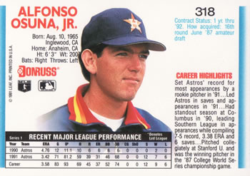 1992 Donruss #318 Al Osuna Back