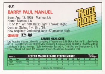 1992 Donruss #401 Barry Manuel Back