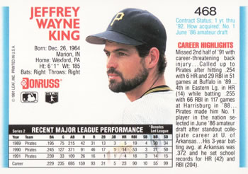 1992 Donruss #468 Jeff King Back