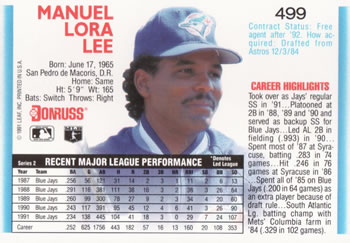 1992 Donruss #499 Manuel Lee Back
