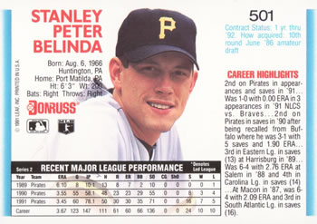 1992 Donruss #501 Stan Belinda Back