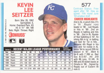 1992 Donruss #577 Kevin Seitzer Back