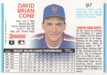 1992 Donruss #97 David Cone Back