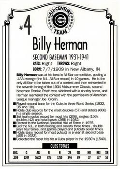 1999 Old Style Chicago Cubs All-Century Team #NNO Billy Herman Back