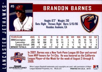 2010 Grandstand Lancaster JetHawks #NNO Brandon Barnes Back