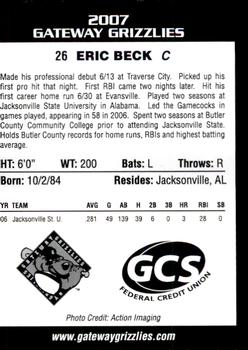 2007 Gateway Grizzlies #3 Eric Beck Back