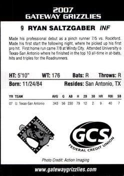 2007 Gateway Grizzlies #21 Ryan Saltzgaber Back