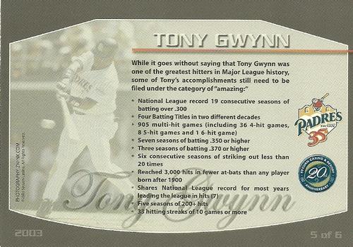 2003 Sycuan Casino & Resort Tony Gwynn 5x11 #5 Tony Gwynn Back