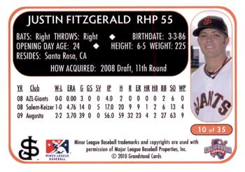 2010 Grandstand San Jose Giants #10 Justin Fitzgerald Back