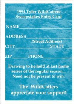 1994 Collect-A-Sport Tyler Wildcatters #30 Sweepstakes Entry Card Back