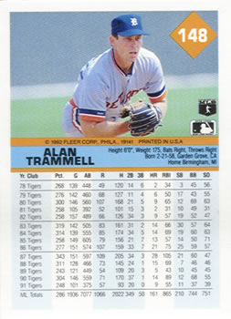 1992 Fleer #148 Alan Trammell Back