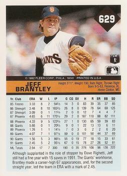 1992 Fleer #629 Jeff Brantley Back