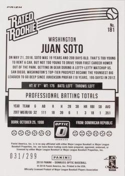 2018 Panini Chronicles - Optic Rated Rookies Aqua #181 Juan Soto Back