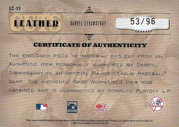 2005 Donruss Leather & Lumber - Leather Cuts Bat #LC-13 Darryl Strawberry Back